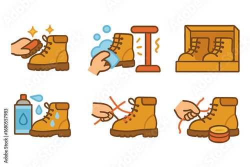 Children's Boot Care Icons. Flat vector mini-illustrations boot care in colors children's illustrations: polishing boots, cleaning