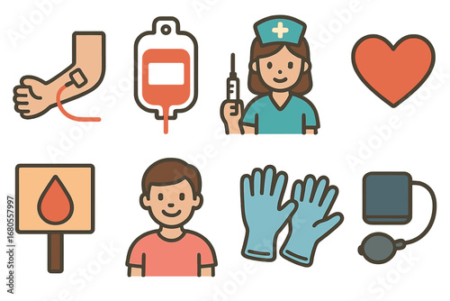 Children's Blood Donation Icons. Flat vector mini-illustrations blood donation in colors children's illustrations: donor arm,