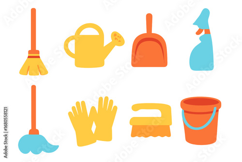 Children's Cleaning Tools. Flat vector mini-illustrations balcony cleaning tools in colors children's illustrations: broom, mop,
