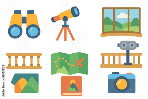Children's Tower View. Flat vector mini-illustrations tower view in colors children's illustrations: binoculars, telescope,