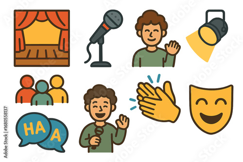 Children's Comedy Show. Flat vector mini-illustrations performance in colors children's illustrations: stage, microphone,