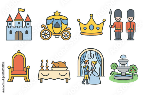 Cinderella's Royal Icons. Flat vector mini-illustrations Cinderella’s royal life in colors children's illustrations: prince’s