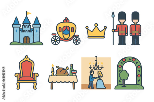 Cinderella's Royal Icons. Flat vector mini-illustrations Cinderella’s royal life in colors children's illustrations: prince’s