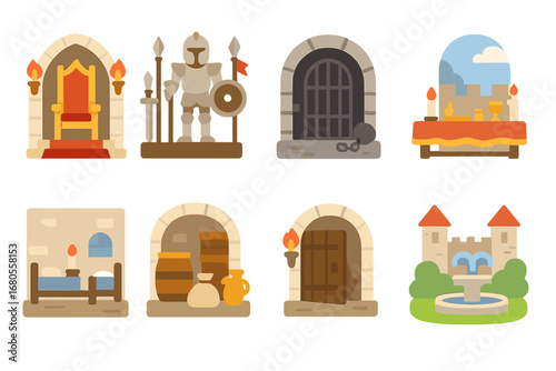 Citadel Interior Icons. Flat vector mini-illustrations citadel interior in colors children's illustrations: throne room, armory,