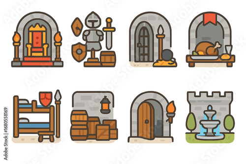 Citadel Interior Icons. Flat vector mini-illustrations citadel interior in colors children's illustrations: throne room, armory,