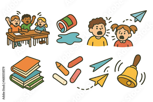 Classroom Chaos Icons. Flat vector mini-illustrations chaos at school in colors children's illustrations: noisy classroom, spilled
