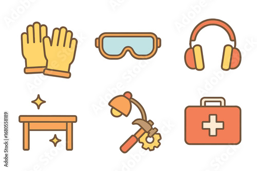 Cobbler Safety Icons. Flat vector mini-illustrations cobbler safety in colors children's illustrations: safety gloves, eye