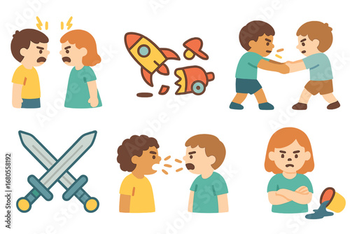 Children's Conflict Icons. Flat vector mini-illustrations conflict situations in colors children's illustrations: two kids arguing