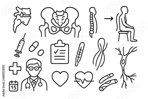 Coccyx Posture Doodle. Hand-drawn doodle illustration coccyx posture coccyx, pelvis, spine, posture correction, muscle, syringe,