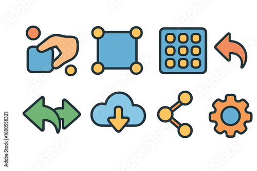 Children's Editing Icons. Flat vector mini-illustrations app editing features in colors children's illustrations: drag and drop,