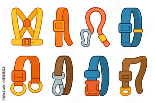 Colorful Buckles and Straps. Flat vector mini-illustrations harness buckles in colors children's illustrations: safety harness,
