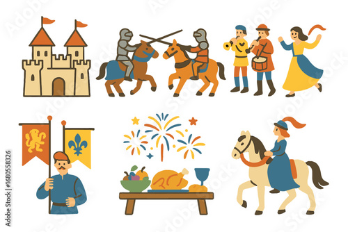 Colorful Castle Festival Icons. Flat vector mini-illustrations castle festivals in colors children's illustrations: knights