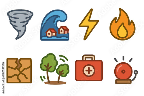 Children's Disaster Icons. Flat vector mini-illustrations natural disaster in colors children's illustrations: tornado, flood wave