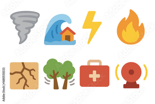 Children's Disaster Icons. Flat vector mini-illustrations natural disaster in colors children's illustrations: tornado, flood wave