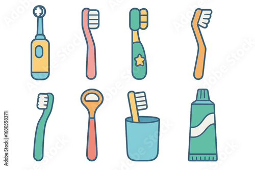 Colorful Children's Toothbrushes. Flat vector mini-illustrations toothbrushes in colors children's illustrations: electric