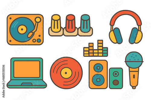 Colorful DJ Equipment. Flat vector mini-illustrations DJ equipment in colors children's illustrations: turntable, mixer knobs,