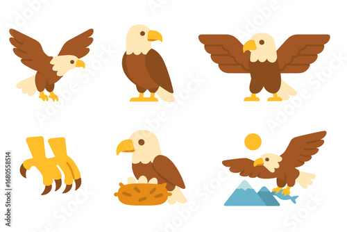 Colorful Eagle Illustrations. Flat vector mini-illustrations eagle in colors children's illustrations: flying eagle, perched eagle