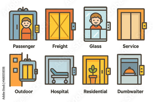 Colorful Elevator Icons. Flat vector mini-illustrations elevator types in colors children's illustrations: passenger elevator,