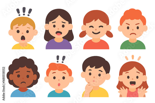 Colorful Emotion Icons. Flat vector mini-illustrations sudden emotions in colors children's illustrations: shock, fear, joy, anger