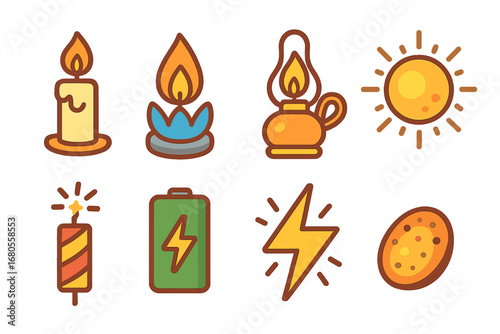 Colorful Energy Icons. Flat vector mini-illustrations flame and energy in colors children's illustrations: candle energy, gas