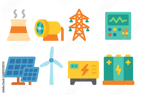 Colorful Energy Icons. Flat vector mini-illustrations power plants in colors children's illustrations: cooling tower, turbine,
