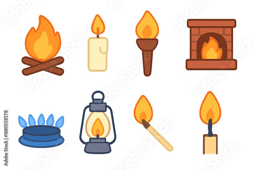 Colorful Flame Illustrations. Flat vector mini-illustrations flame types in colors children's illustrations: campfire flame,