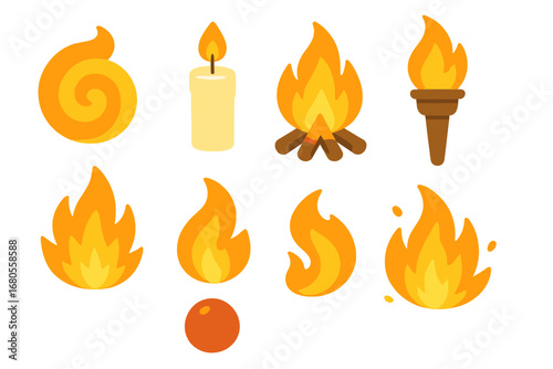 Colorful Flame Illustrations. Flat vector mini-illustrations flame shapes in colors children's illustrations: spiral flame,