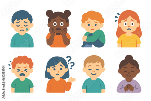 Children's Emotion Icons. Flat vector mini-illustrations bad news and emotions in colors children's illustrations: sadness, fear,