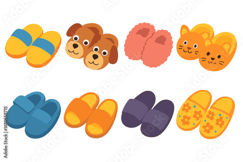 Colorful Kids Slippers. Flat vector mini-illustrations kids slippers in colors children's illustrations: colorful slippers,