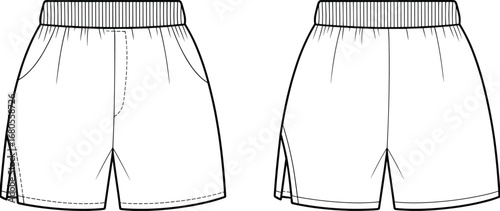 Technical flat sketch of athletic shorts front view with elastic waistband, side slits, pocket details, and clean design variation