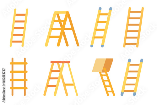Colorful Ladder Icons. Flat vector mini-illustrations ladder types in colors children's illustrations: straight ladder, step