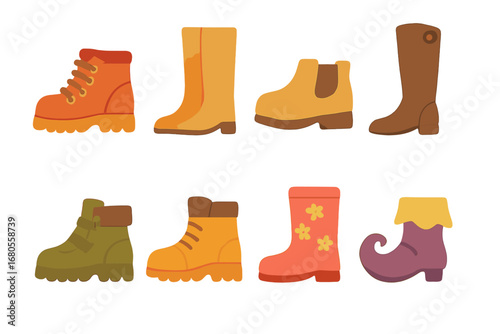 Colorful Kids' Boot Styles. Flat vector mini-illustrations boots styles in colors children's illustrations: lace-up boots,