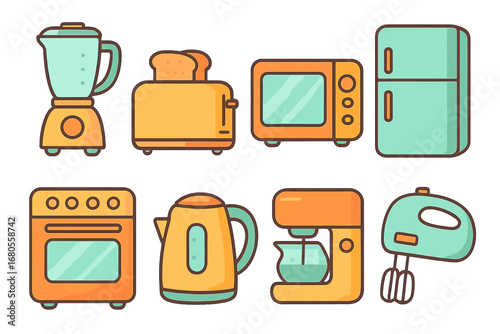 Colorful Kitchen Icons. Flat vector mini-illustrations metal kitchen appliances in colors children's illustrations: blender,