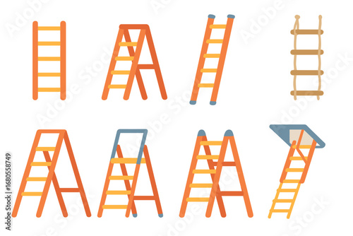 Colorful Ladder Icons. Flat vector mini-illustrations ladder types in colors children's illustrations: straight ladder, step