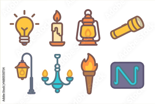 Colorful Light Icons. Flat vector mini-illustrations light sources in colors children's illustrations: light bulb, candle, lantern