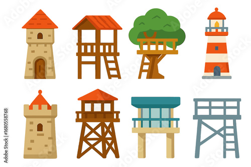Colorful Lookout Icons. Flat vector mini-illustrations lookout buildings in colors children's illustrations: stone watchtower,