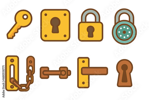 Colorful Locks and Boxing Icons. Flat vector mini-illustrations door lock mechanisms in colors children's illustrations: key, lock
