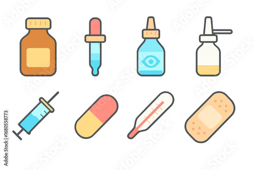 Colorful Medicine Icons. Flat vector mini-illustrations medicine drops in colors children's illustrations: medicine bottle,