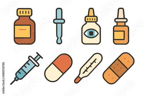 Colorful Medicine Icons. Flat vector mini-illustrations medicine drops in colors children's illustrations: medicine bottle,