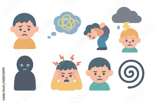 Children's Emotional Icons. Flat vector mini-illustrations mental suffering in colors children's illustrations: worried face,