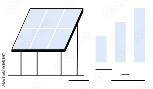 Solar panel generating clean energy alongside a bar chart showing renewable energy output growth. Ideal for sustainability, environment, energy efficiency, innovation, progress, technology, simple