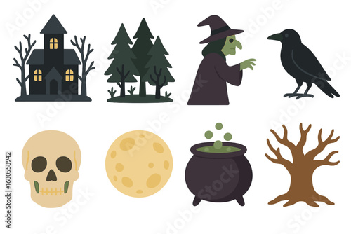 Children's Folklore Icons. Flat vector mini-illustrations curse and folklore in colors children's illustrations: haunted house,