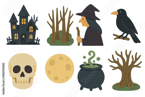 Children's Folklore Icons. Flat vector mini-illustrations curse and folklore in colors children's illustrations: haunted house,