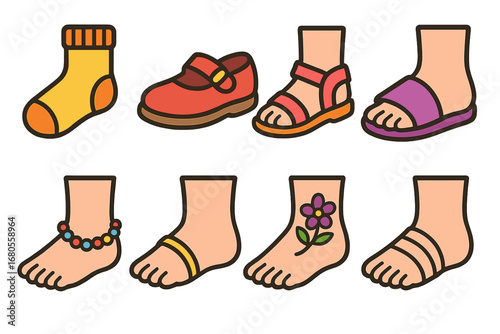 Children's Footwear Collection. Flat vector mini-illustrations foot accessories in colors children's illustrations: sock, shoe,