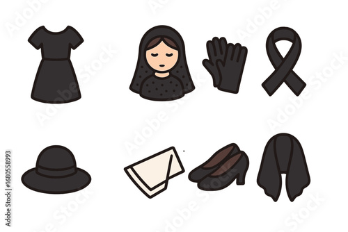 Children's Funeral Attire. Flat vector mini-illustrations funeral clothing in colors children's illustrations: black dress,