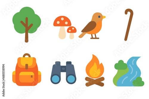 Children's Forest Adventure. Flat vector mini-illustrations forest walk in colors children's illustrations: trees, mushrooms,
