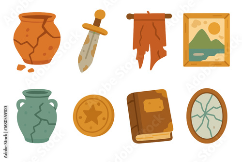 Colorful Ruin Artifacts Grid. Flat vector mini-illustrations ruin artifacts in colors children's illustrations: broken pottery,