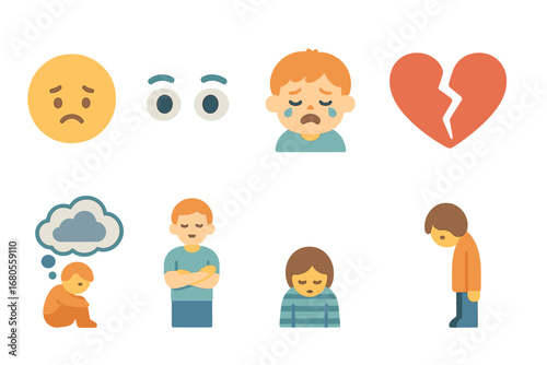 Children's Illustration Mood Grid. Flat vector mini-illustrations emotional hardship in colors children's illustrations: sad face,