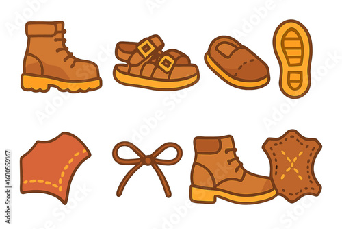 Children's Leather Footwear Icons. Flat vector mini-illustrations leather footwear in colors children's illustrations: leather
