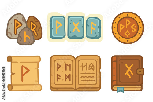 Colorful Runes Illustrations. Flat vector mini-illustrations runes in colors children's illustrations: ancient runes stones,